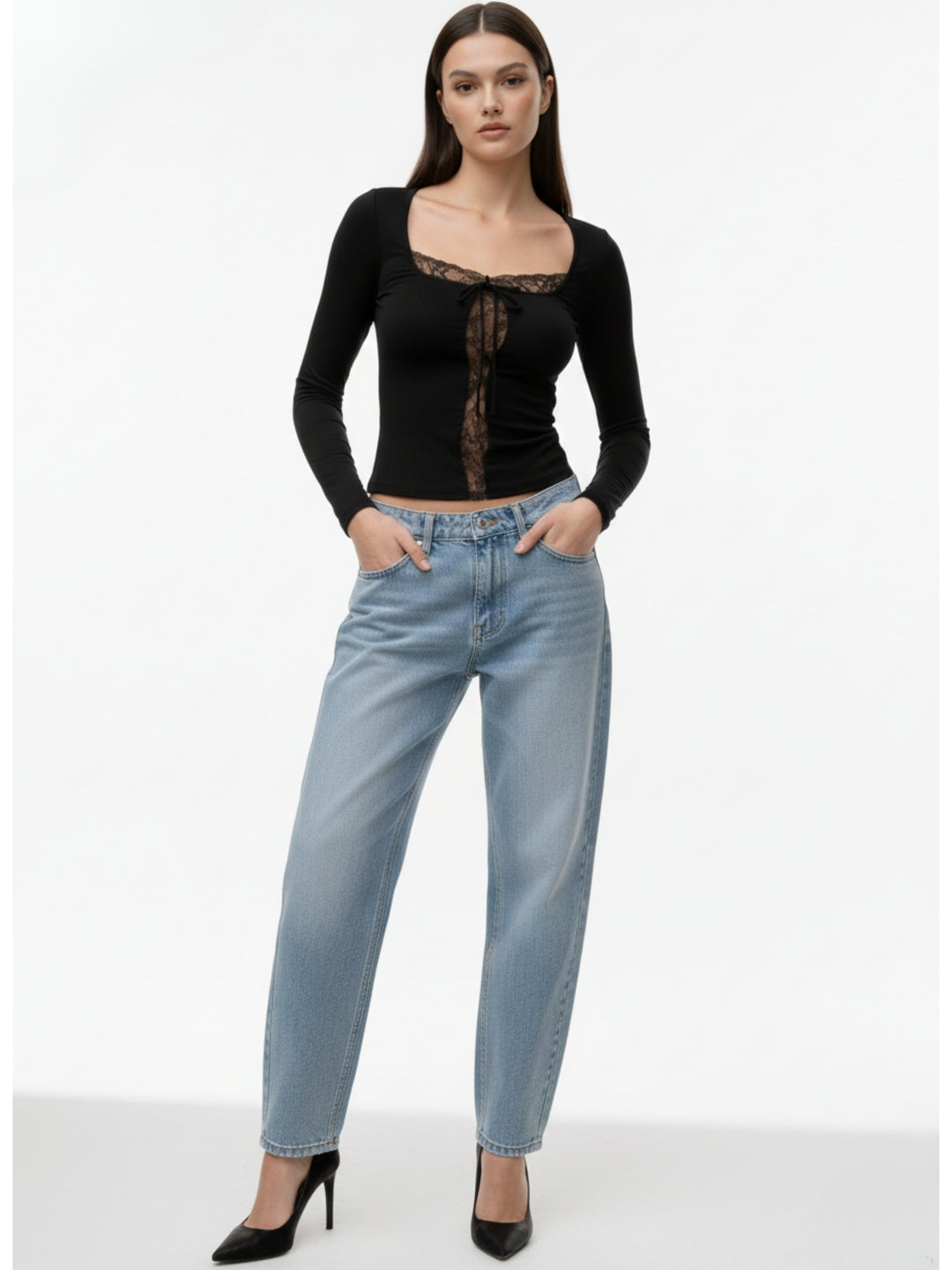 Black Full Sleeve Lace Detail Top