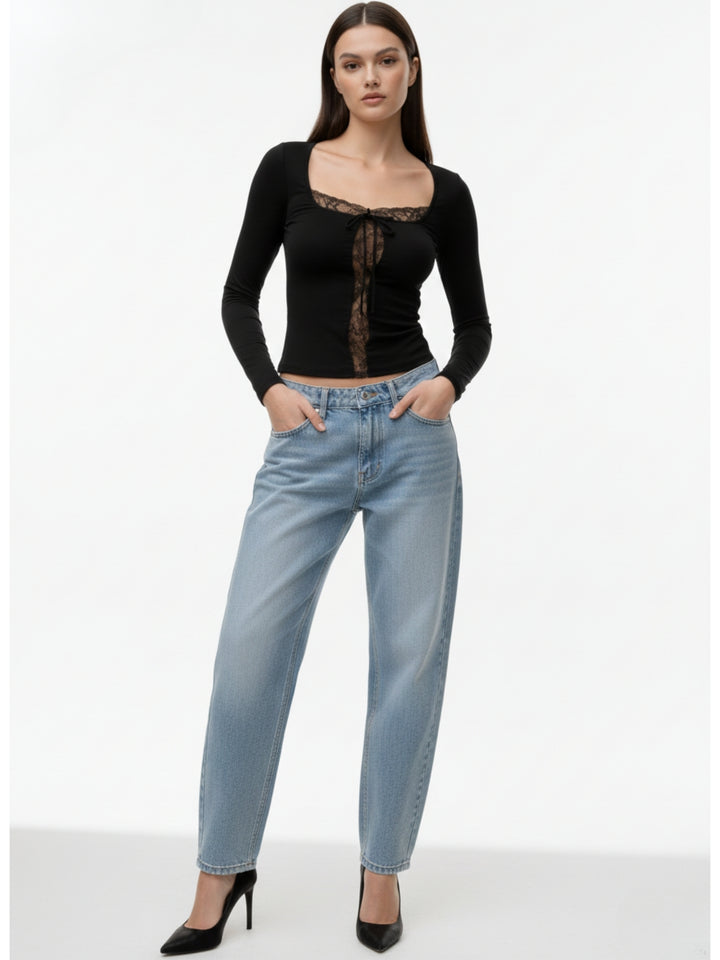 Black Full Sleeve Lace Detail Top