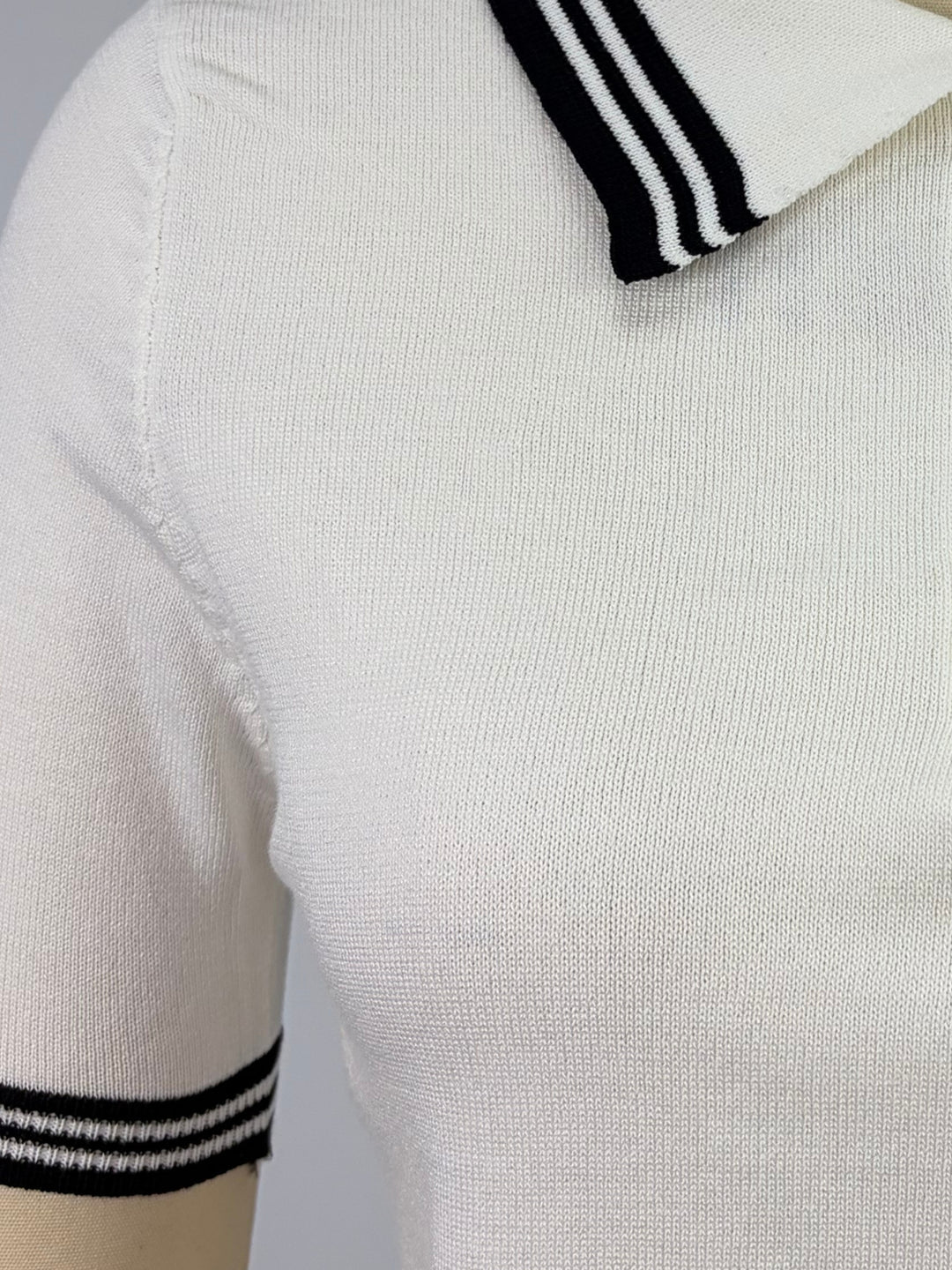 White Contrast Striped Polo Collared Top