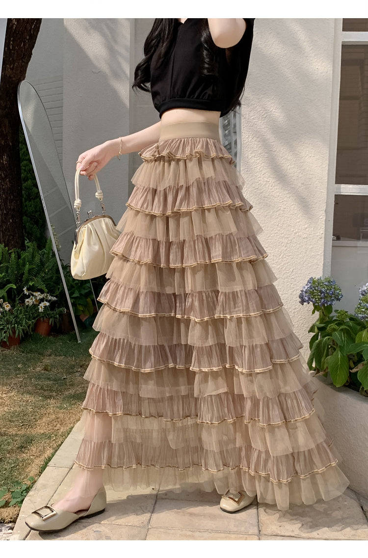 Beige Multi Ruffled Tiered Maxi Skirt