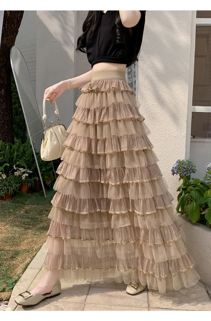 Beige Multi Ruffled Tiered Maxi Skirt