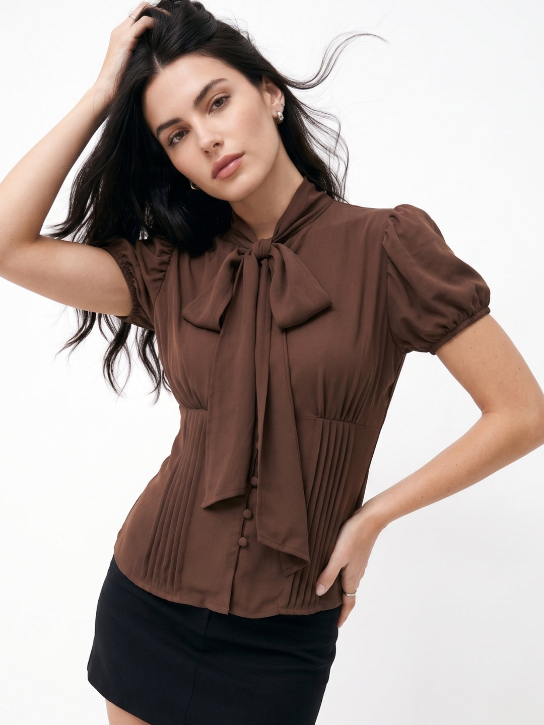 Brown Fitted Blouse With Neck Scarf