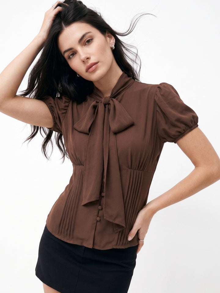 Brown Fitted Blouse With Neck Scarf