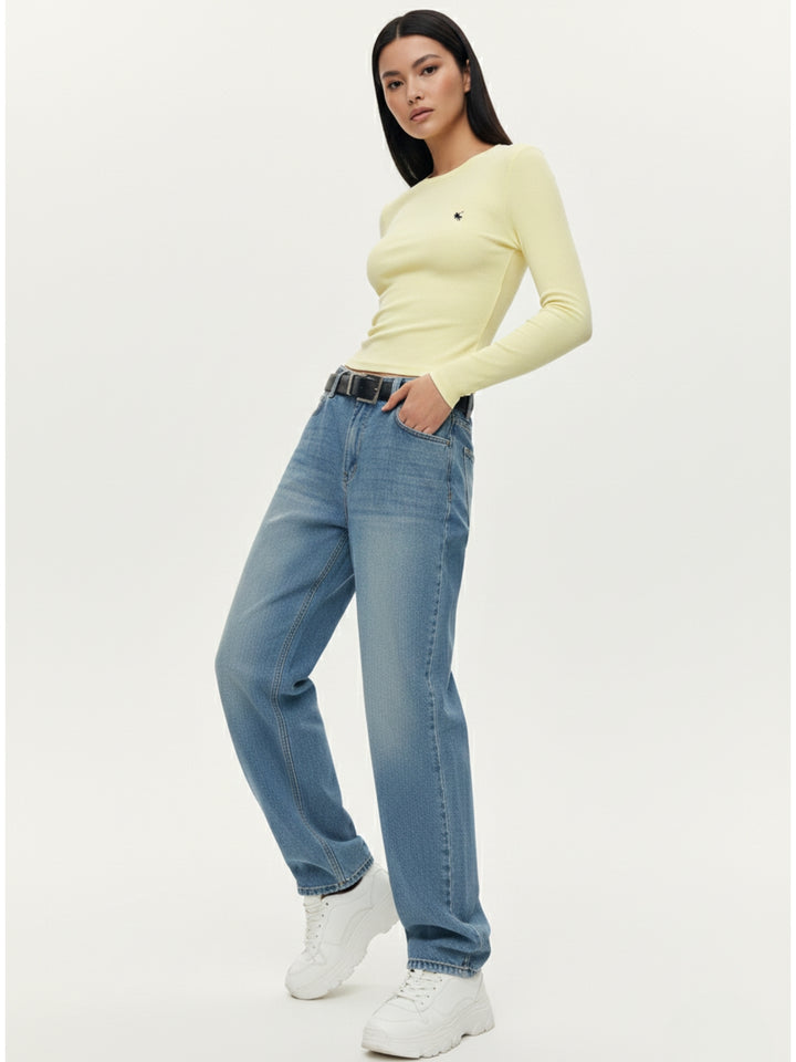 Yellow Full Sleeve Round Neck Crop Top