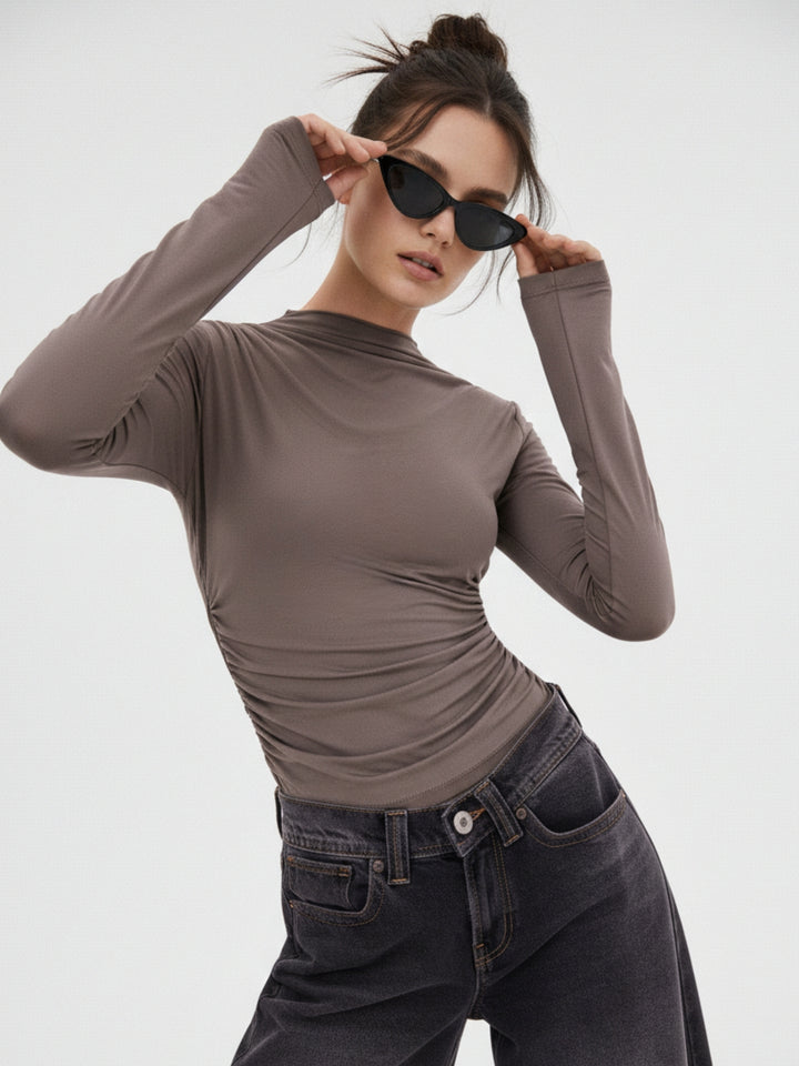 Brown One Side Ruched Fitted Top