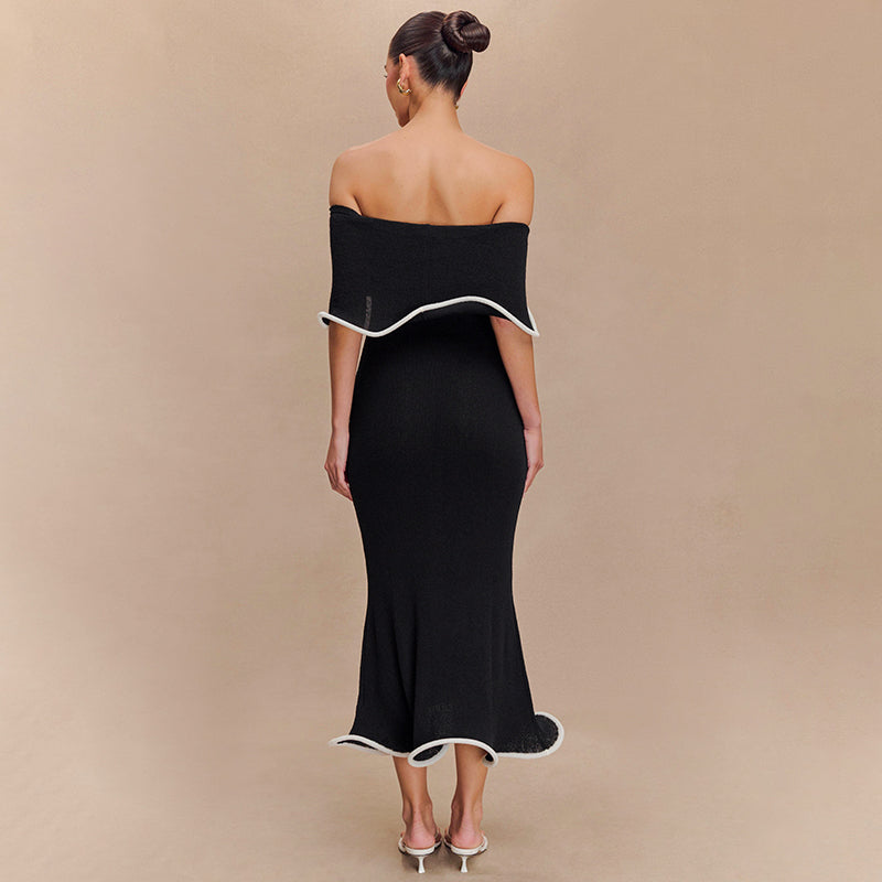 Black Off Shoulder Scallop Contrast Hem Dress