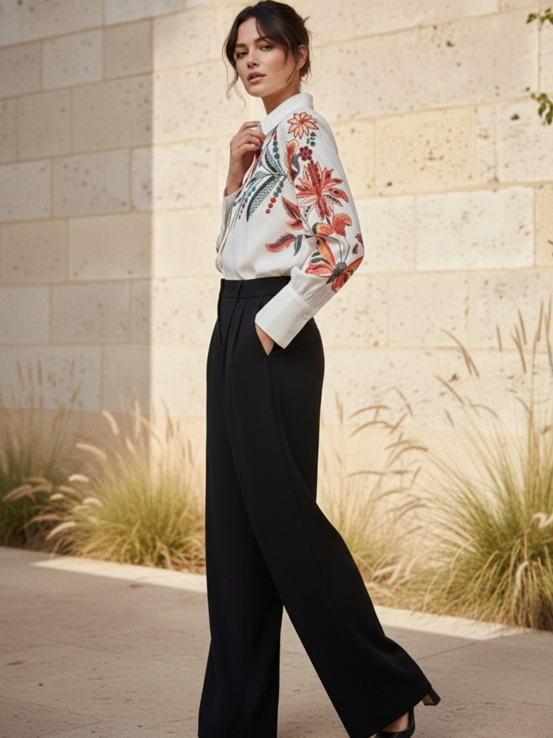 Off White Full Sleeve Front Buttoned Printed Top