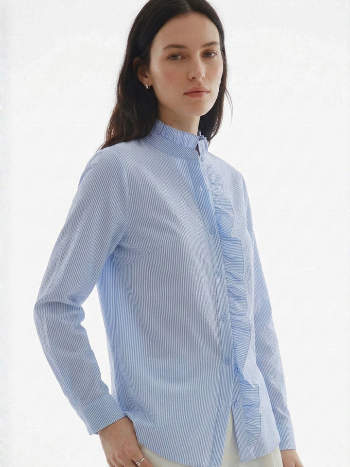 Blue Full Sleeve Ruffle Detail Shirt