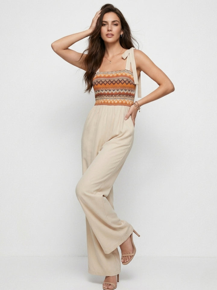 Cream Shoulder Tie-Up Printed Jumpsuit
