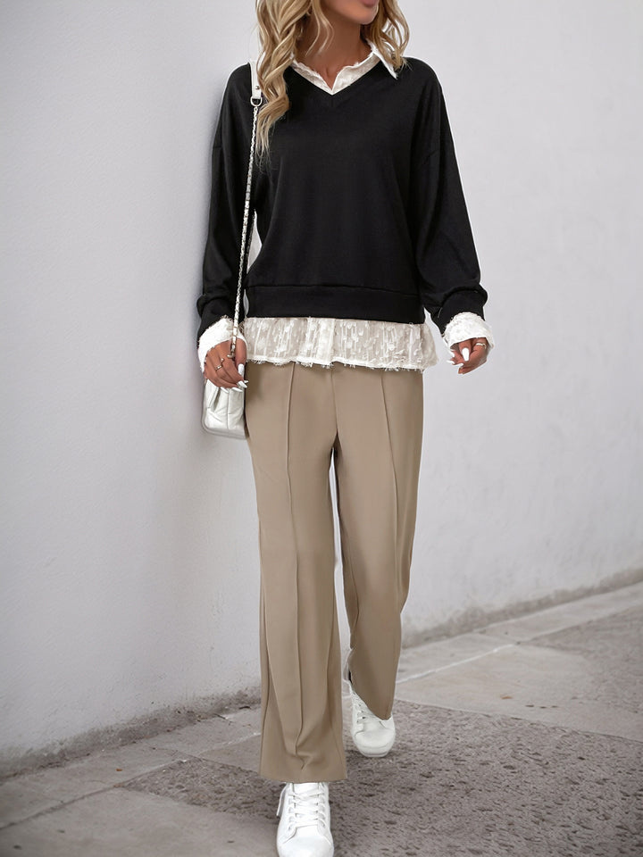 Black Contrast Collar Lace Detail Sweatshirt