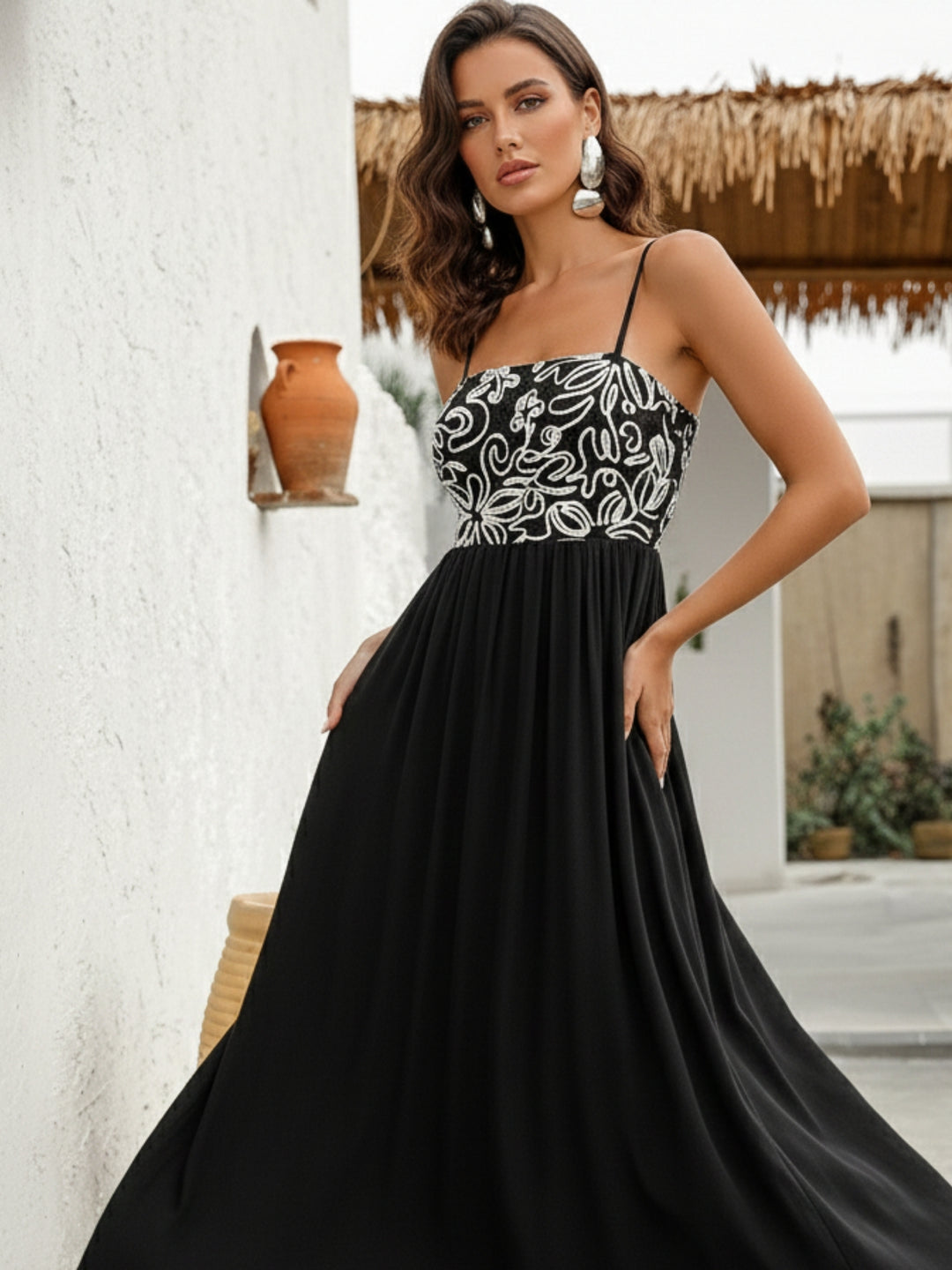 Black Spaghetti Strap Embroidered Flared Dress