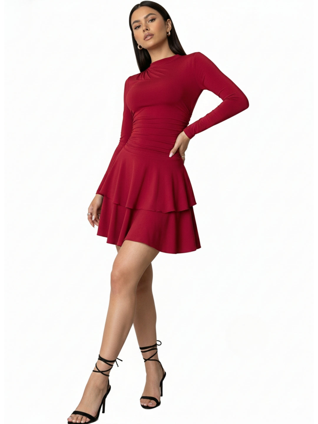 Red High Neck Cinched Waist Tiered Dress