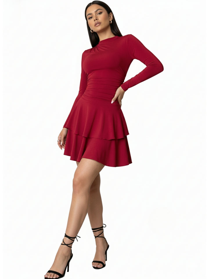 Red High Neck Cinched Waist Tiered Dress
