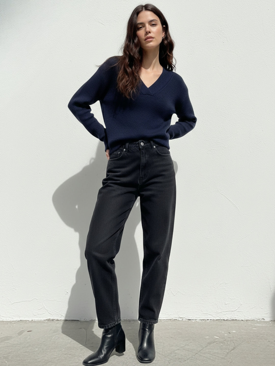 Navy Blue Full Sleeve V Neck Sweater
