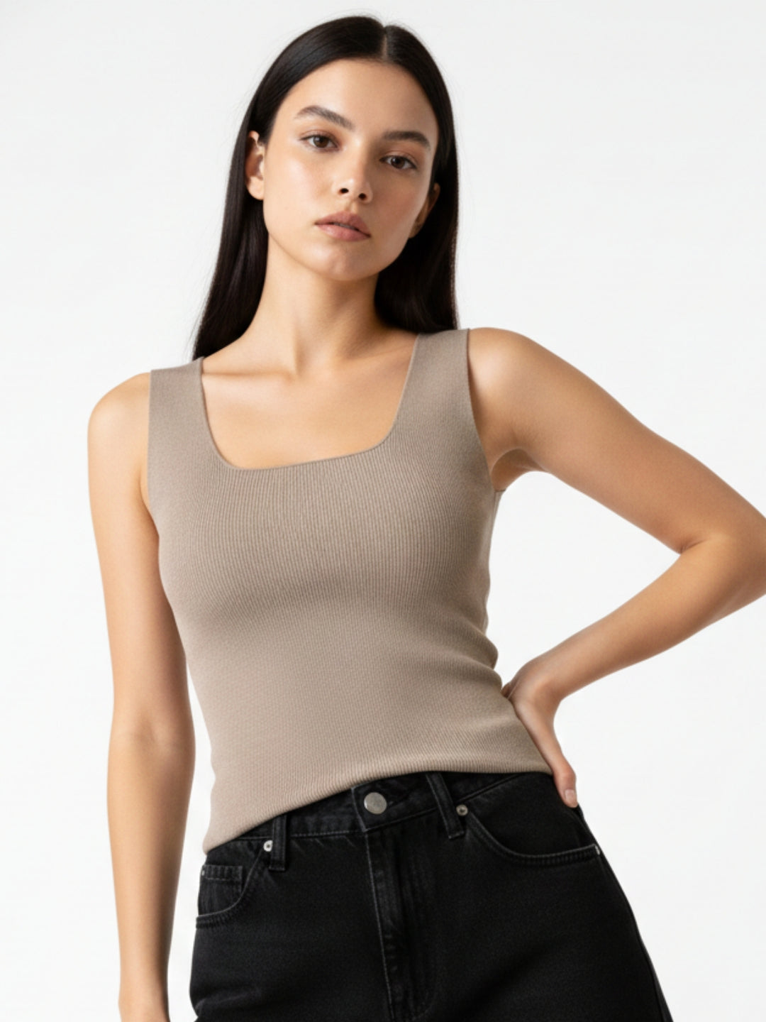 Brown Square Neck Wide Strapped Tank Top