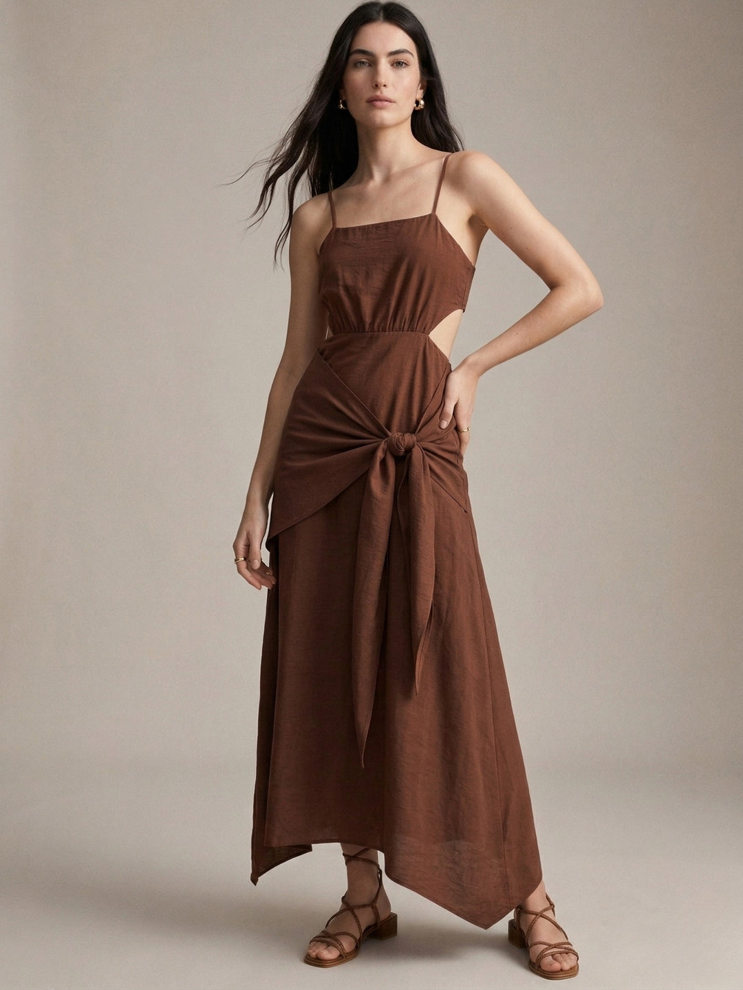 Brown Waist Tie-Up Maxi Dress