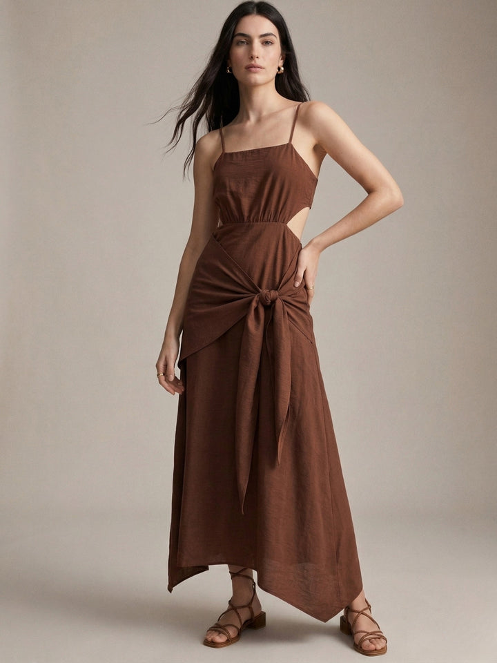 Brown Waist Tie-Up Maxi Dress