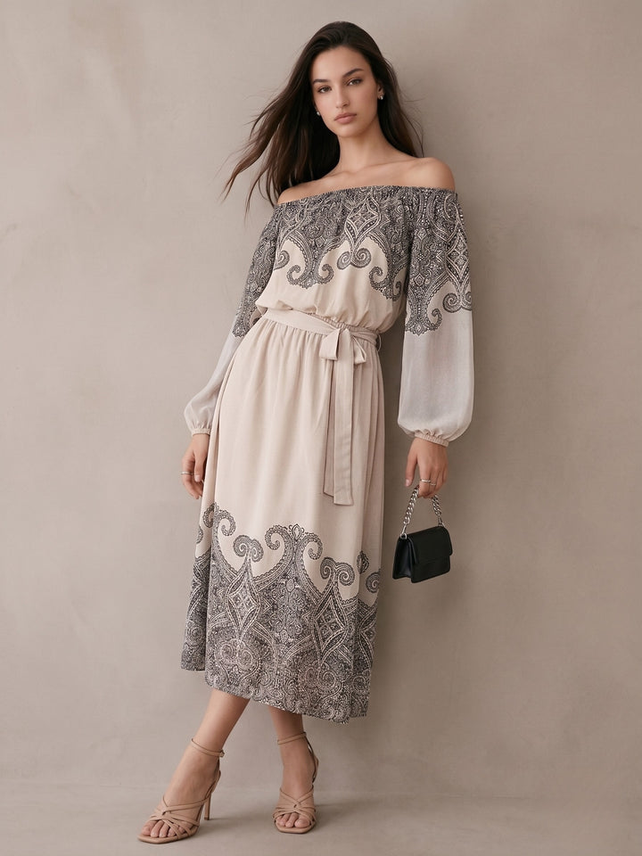 Off White Midi Length A Line With Elasted Waist And Placement Print