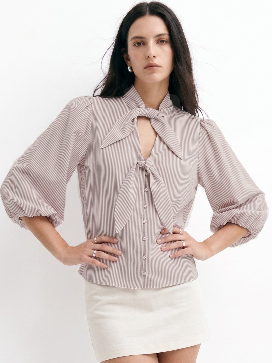 Nude Puff Sleeve Neck Tie-Up Top