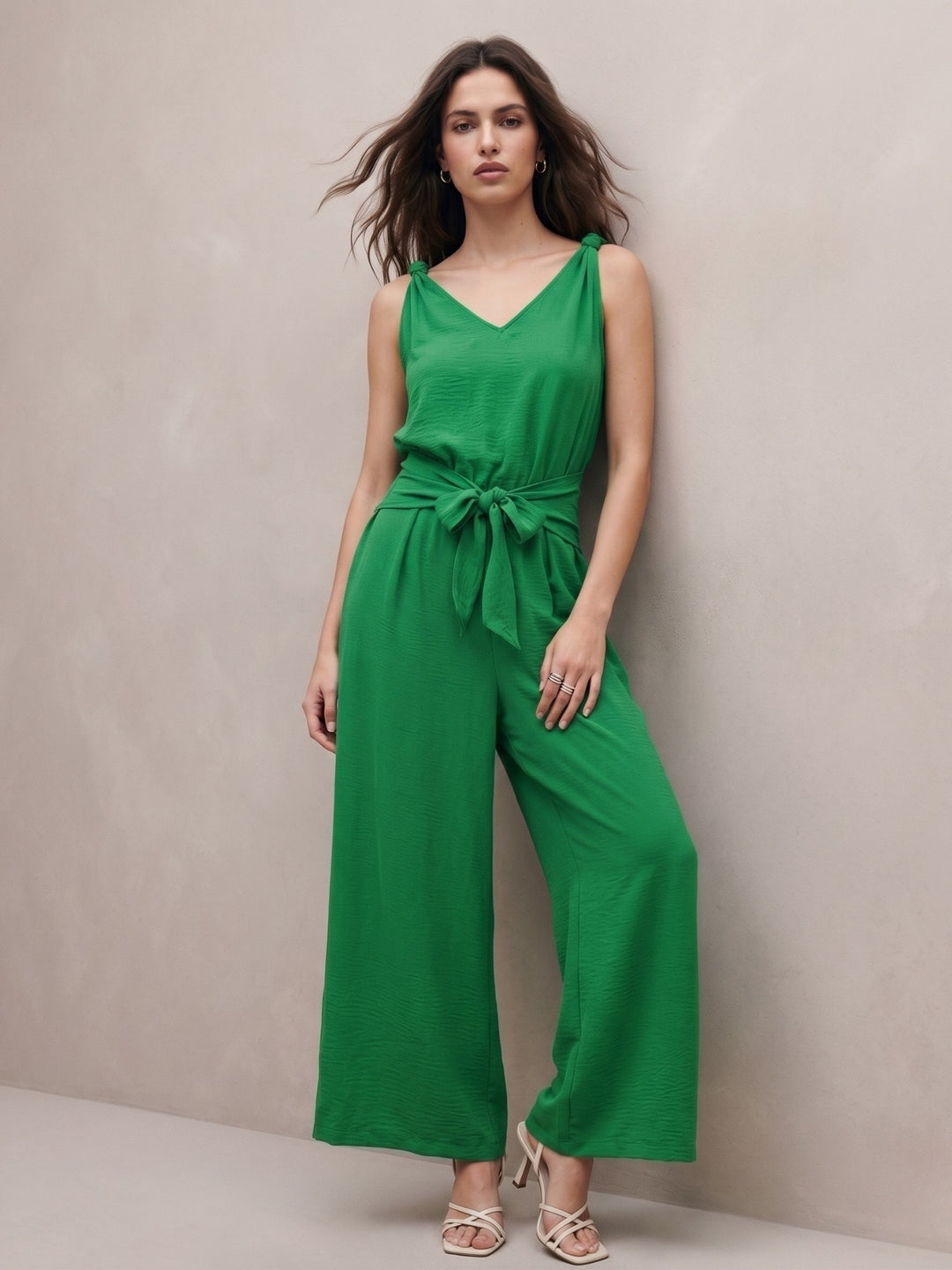Olive Sleeveless Jumpsuit With Front Tie Up