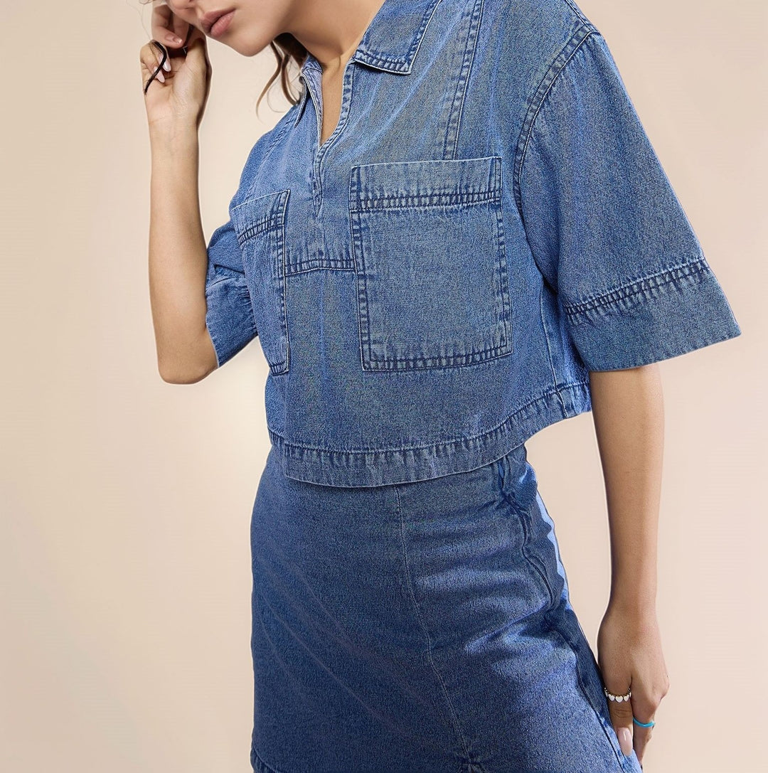 Blue Short Sleeve Collared Denim Top