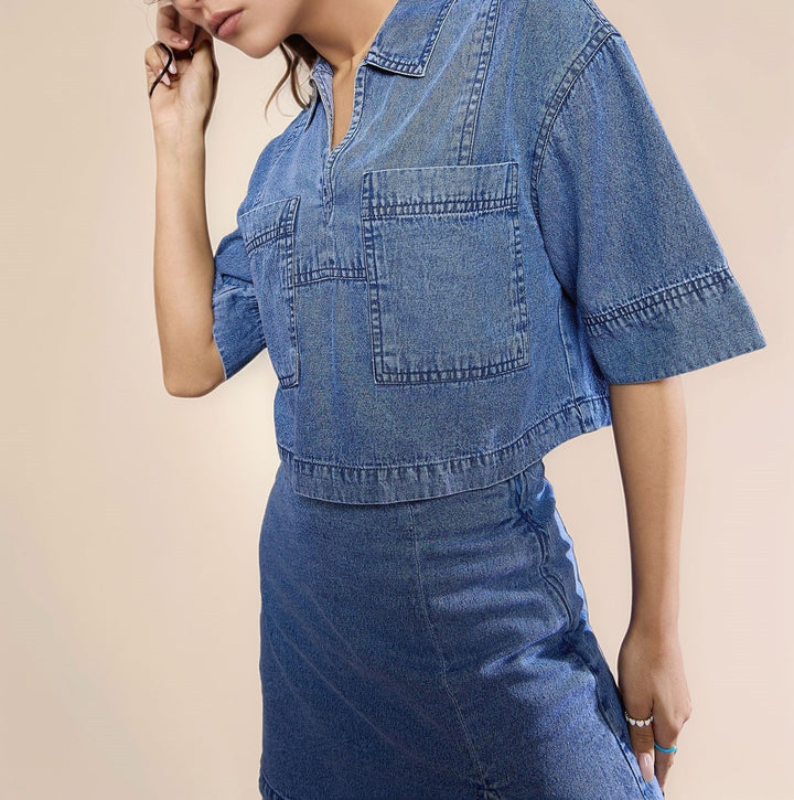 Blue Short Sleeve Collared Denim Top