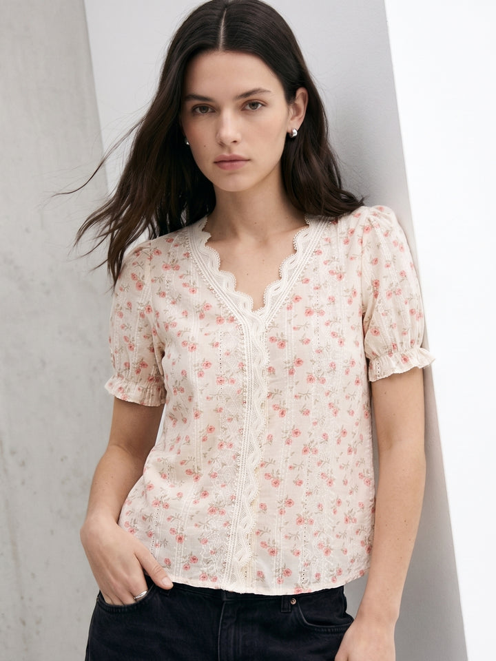 Off White Printed Puff Sleeved Top With Lace Inserts On The Neck
