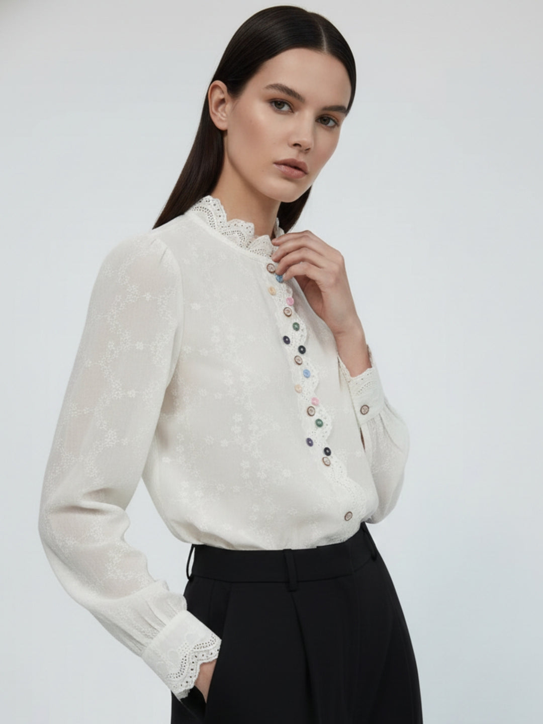 Off White Textured Ruffle Neckline Shirt