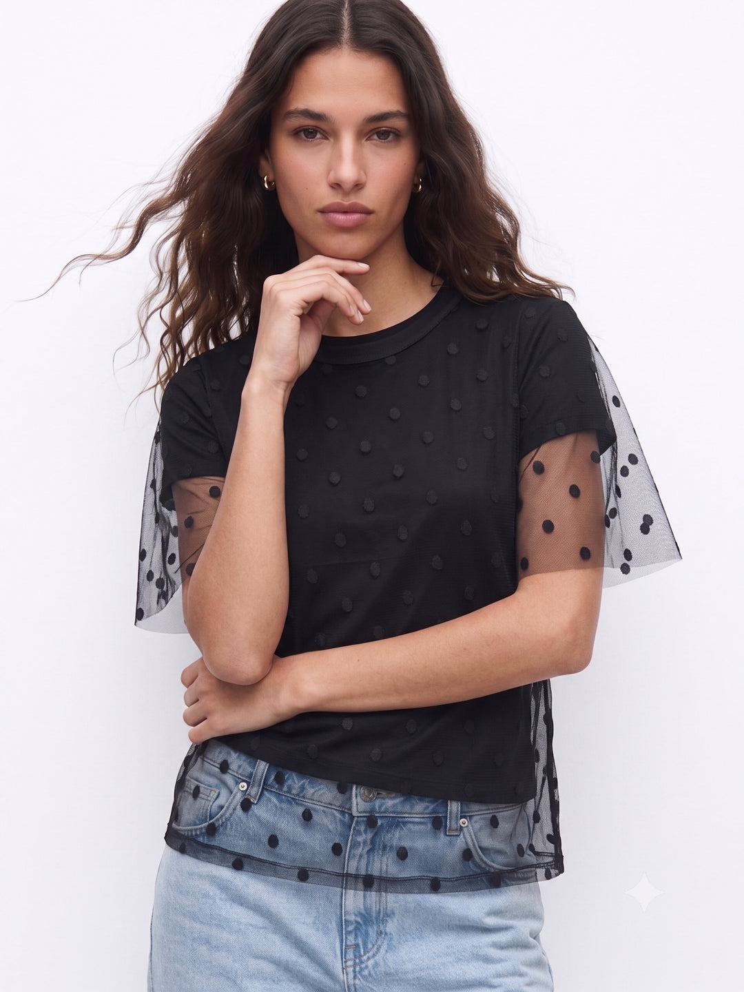 Black Twofer Styled Polka Dotted Tulle With Solid Top