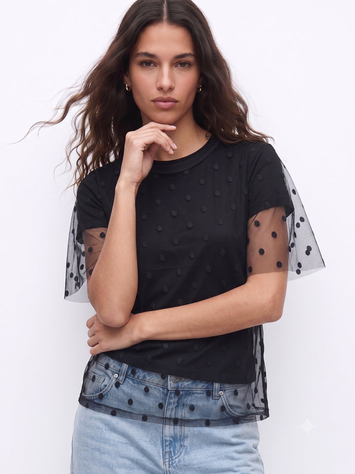 Black Twofer Styled Polka Dotted Tulle With Solid Top