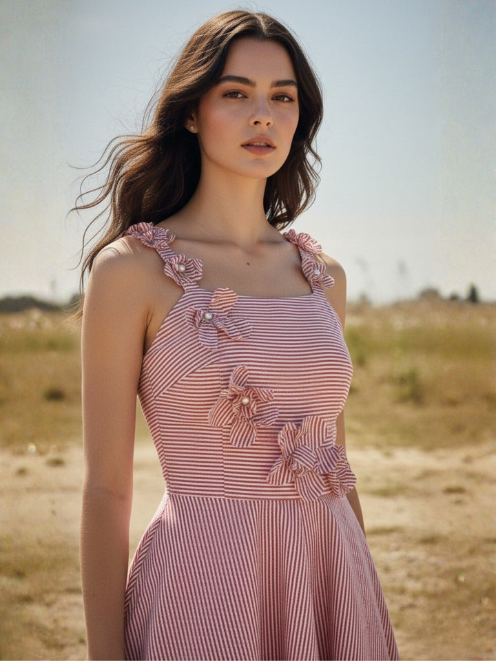 Pink Midi Yarndyed Dress With Cutout Floral Applique Detail