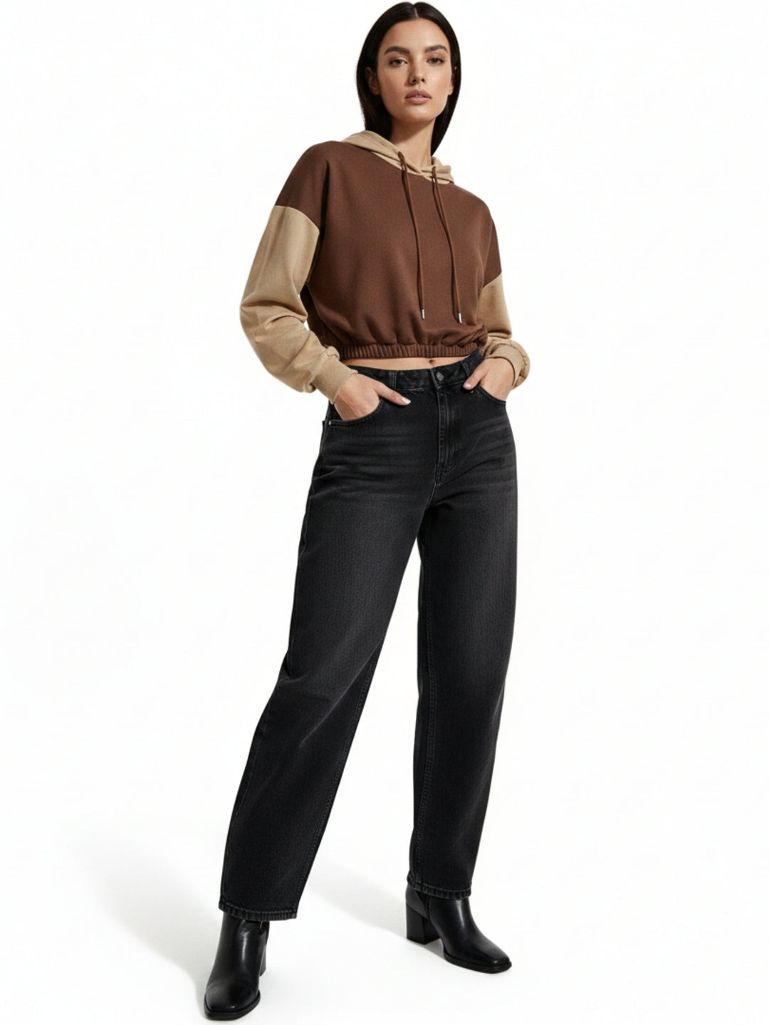 Brown Contrast Panel Hooded Sweatshirt