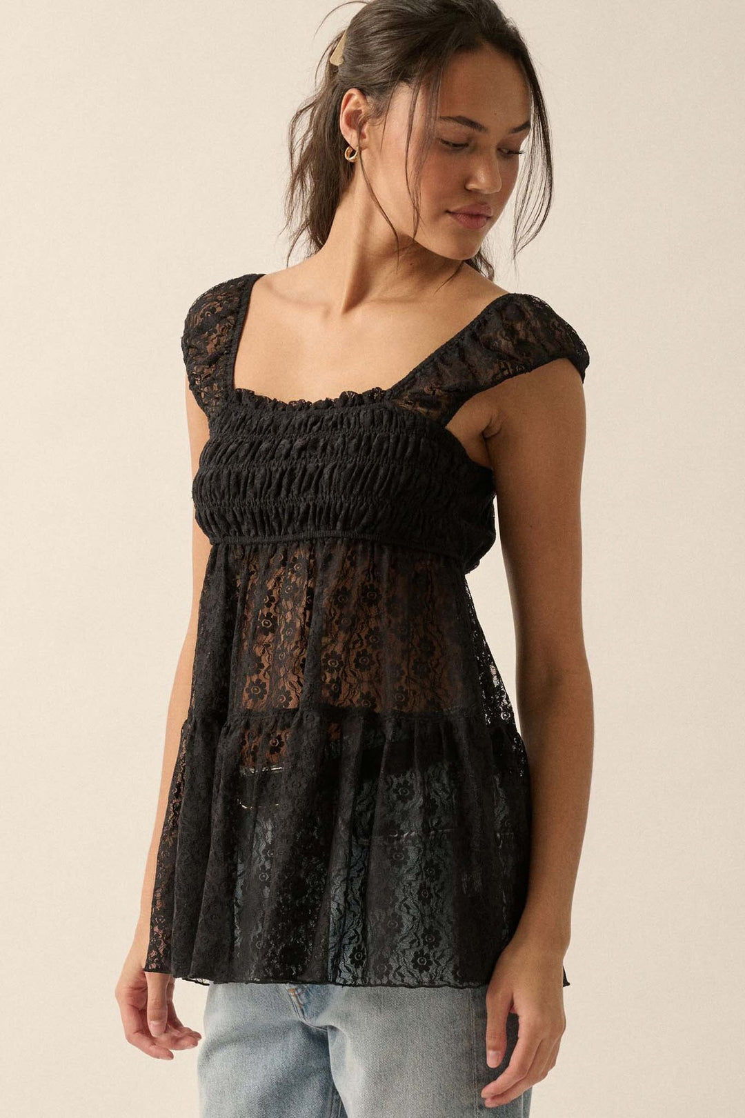Black Short Sleeves Lace Front Fitted Top