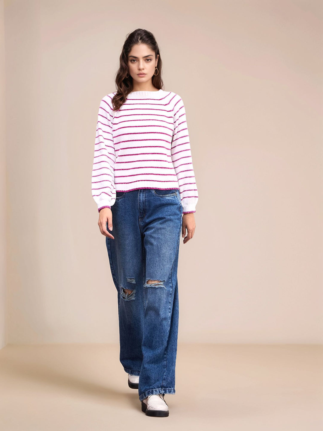 Pink Full Sleeve Round Neck Sweaters