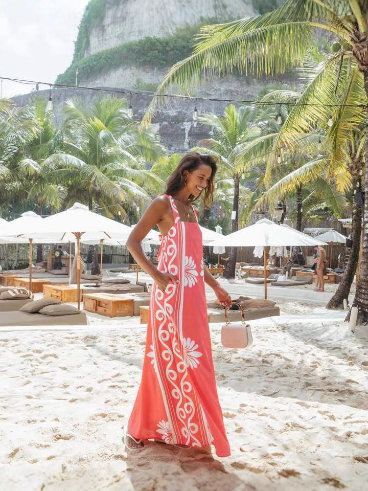 Coral Abstract Printed Shoulder Strap Dress