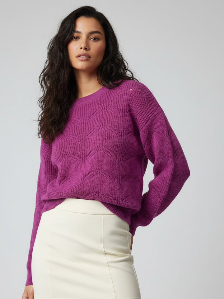 Purple Full Sleeve Round Neck Fur Slouchy Sweater