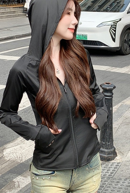 Black  Front Zipper Light Weight Hoodie Sweatshirt With Pockets