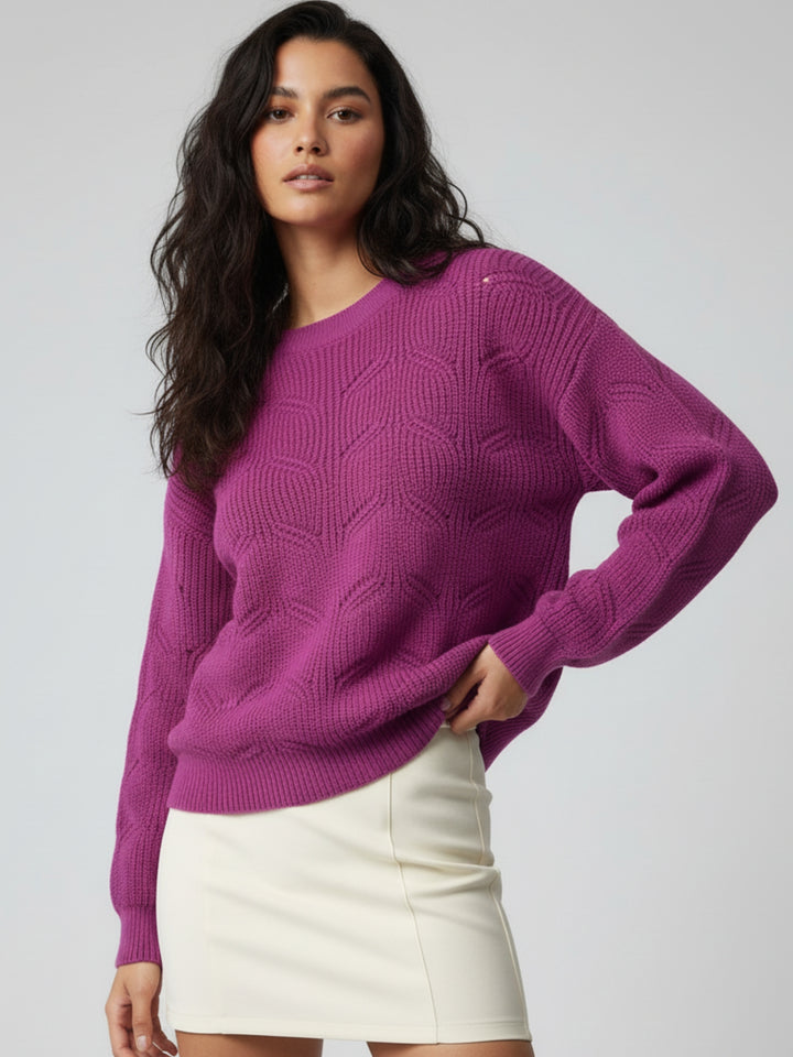 Purple Full Sleeve Round Neck Fur Slouchy Sweater