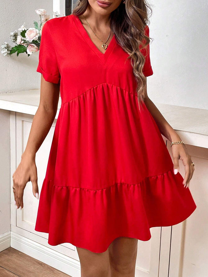 Red V Neck Tiered Dress