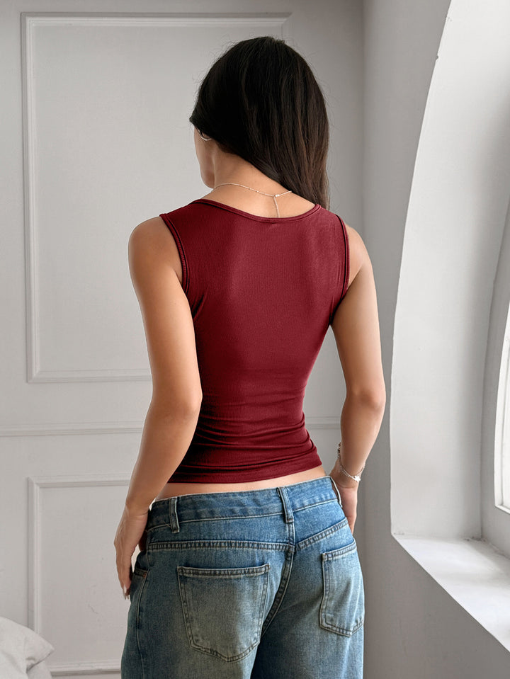 Red Deep Neck Button Down Top