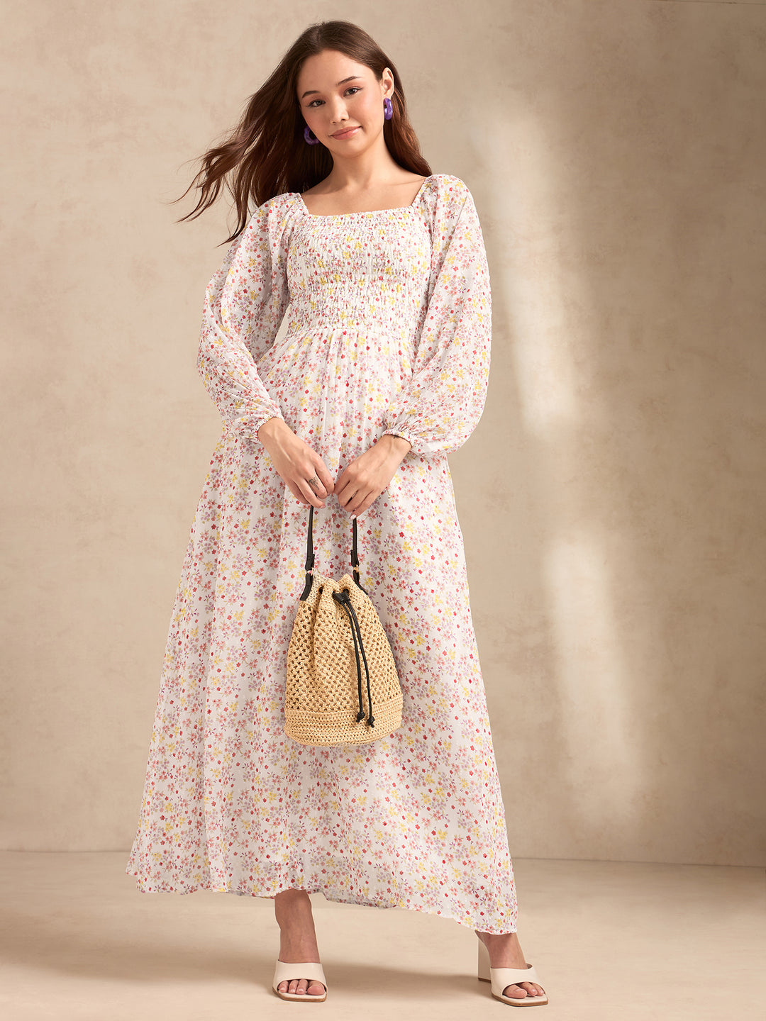 White Full Sleeves Printed Maxi Dress
