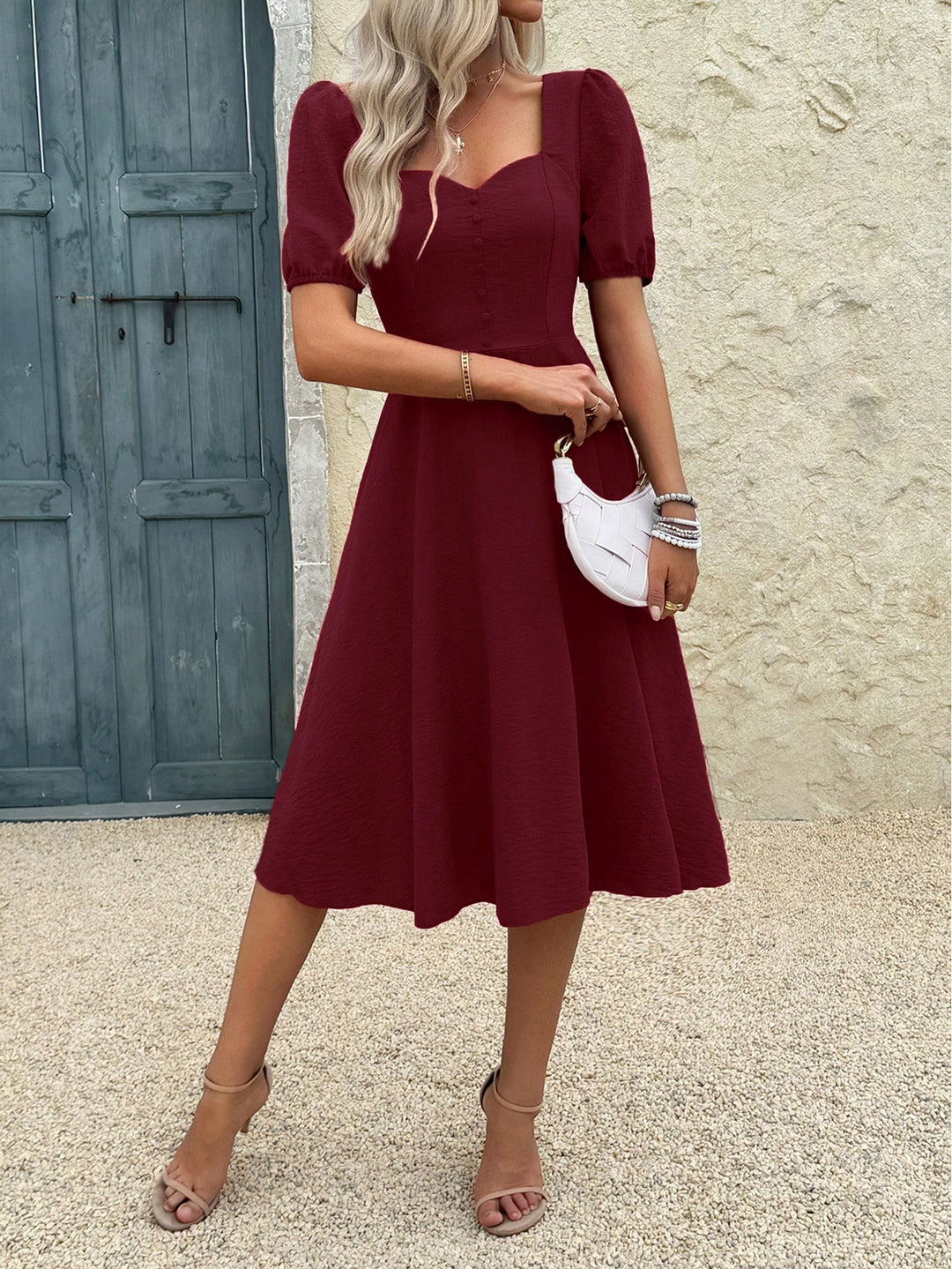 Burgundy Puff Sleeve Sweetheart Neck Dress