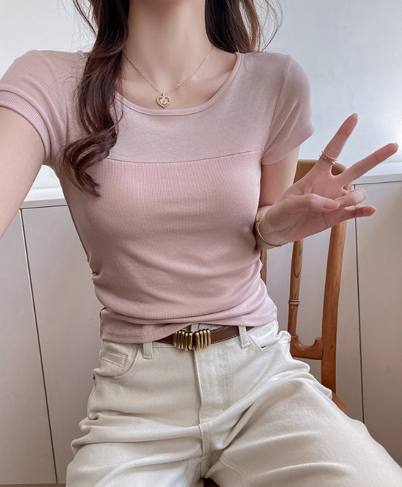 Pink Wide Neck Solid T-Shirt