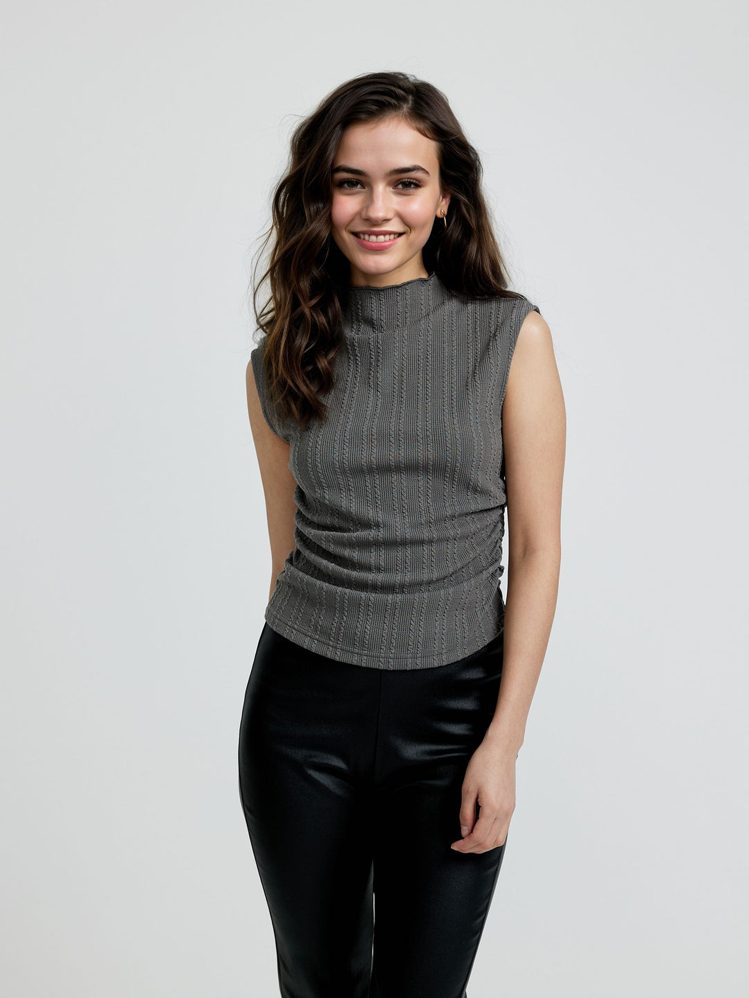 Grey Textured Knit Top With Side Ruching