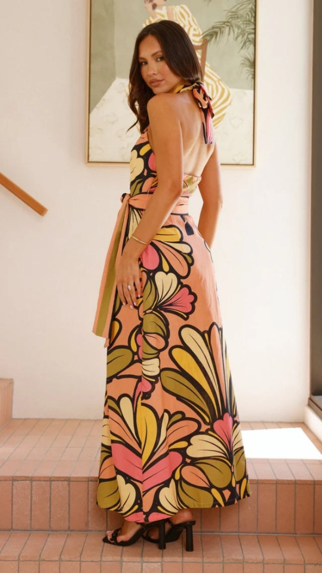 Orange Abstract Printed Cross Halter Neck Dress