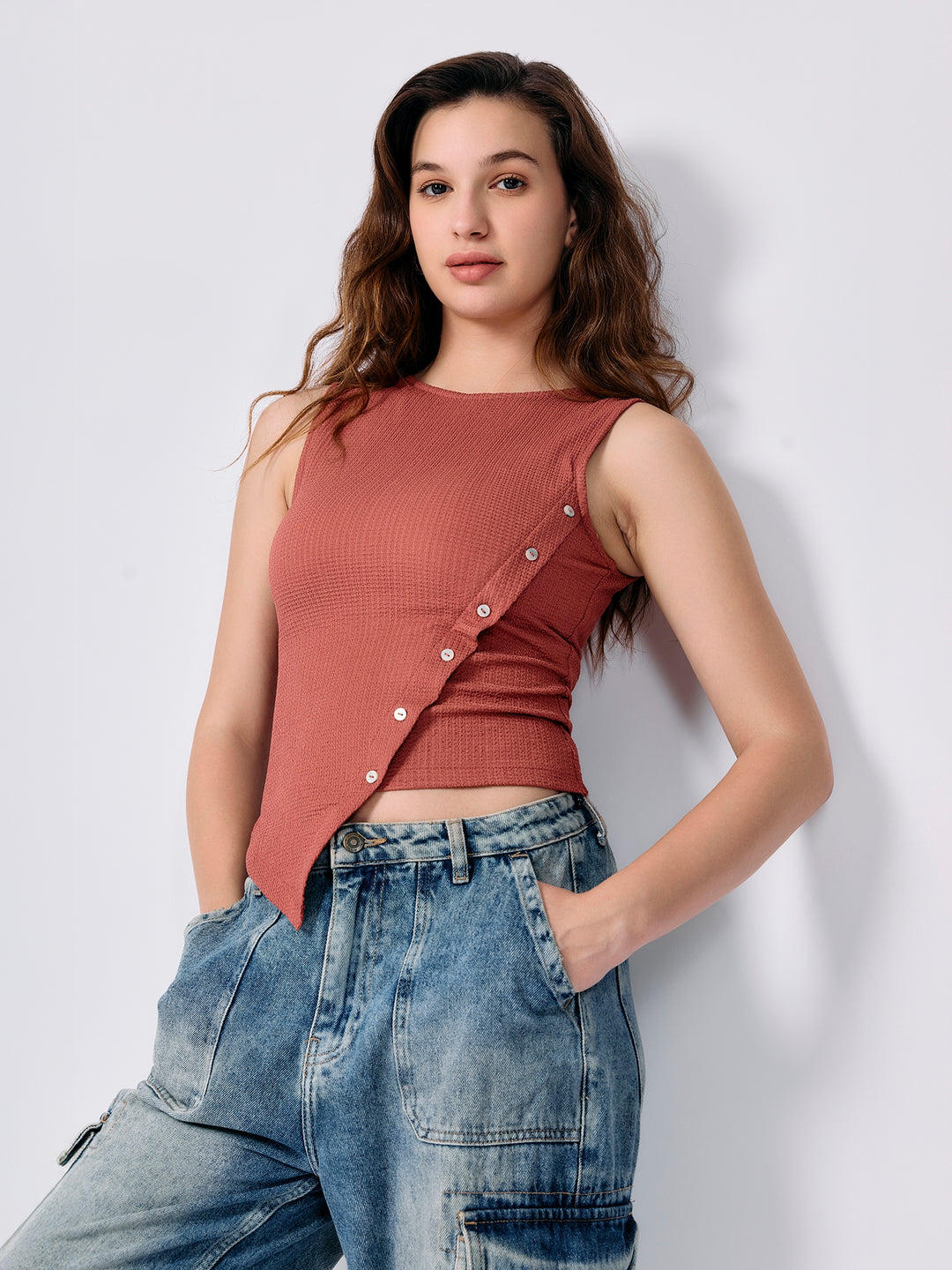 Coral Textured Assymetric Hem Tank