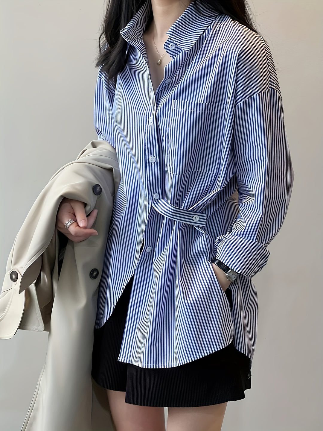 Blue Long Line Striped Fashion Shirt