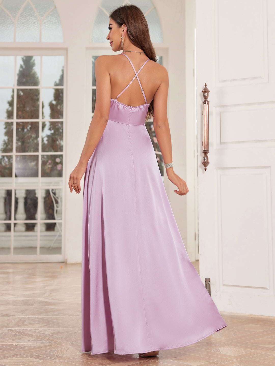 Pink Spaghetti Strap Halter Neck Slit Dress