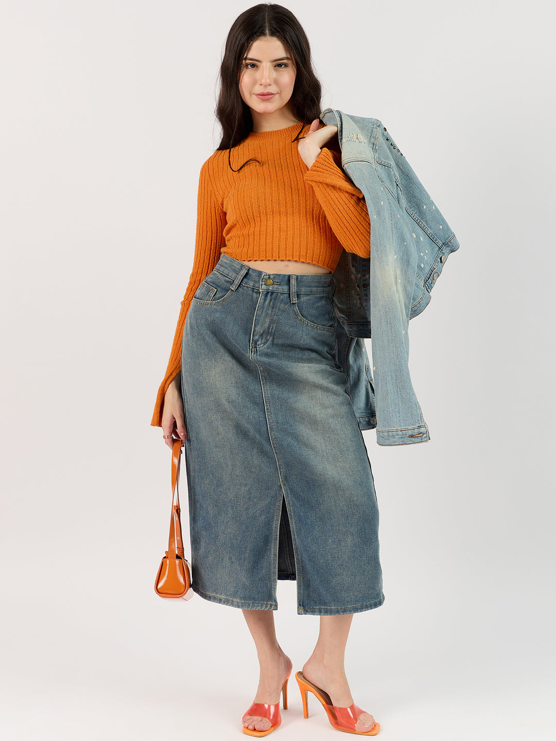 Blue Washed Denim Slit Skirt