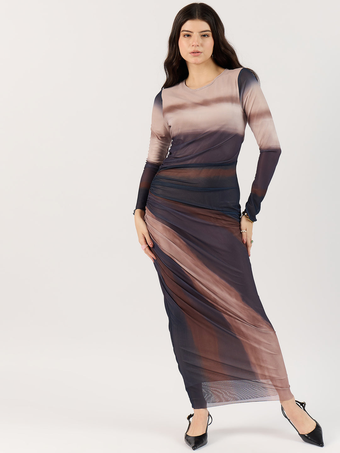 Brown Digital Print Mesh Maxi Dress